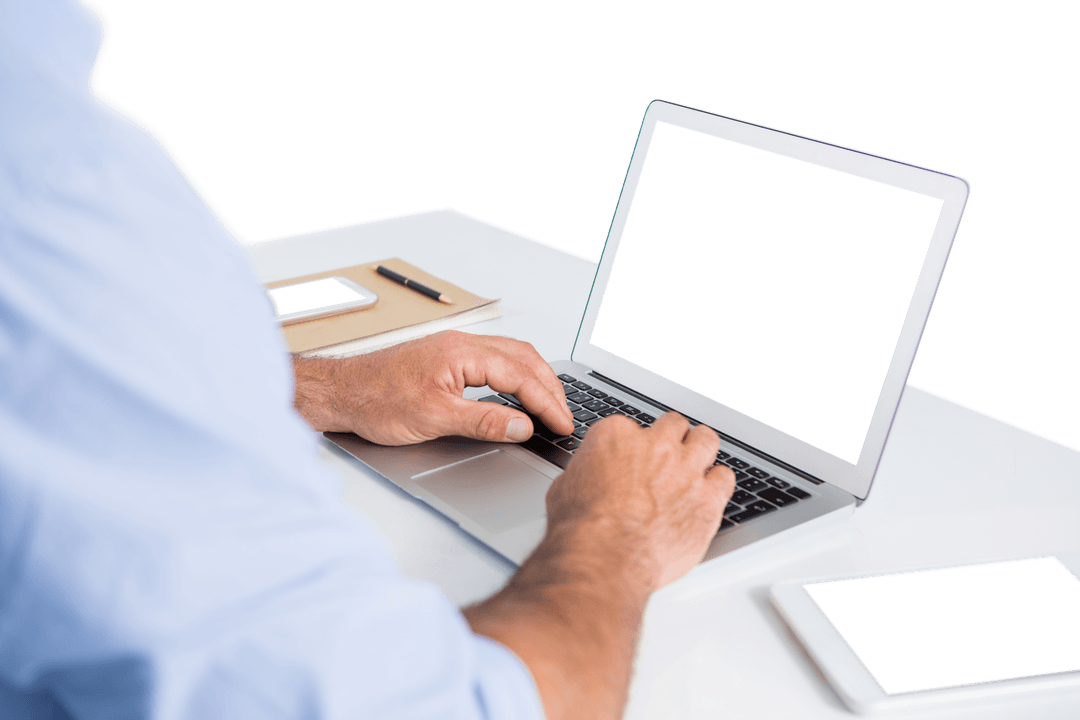 Businessman Typing on Laptop at Office Desk with Transparent Background