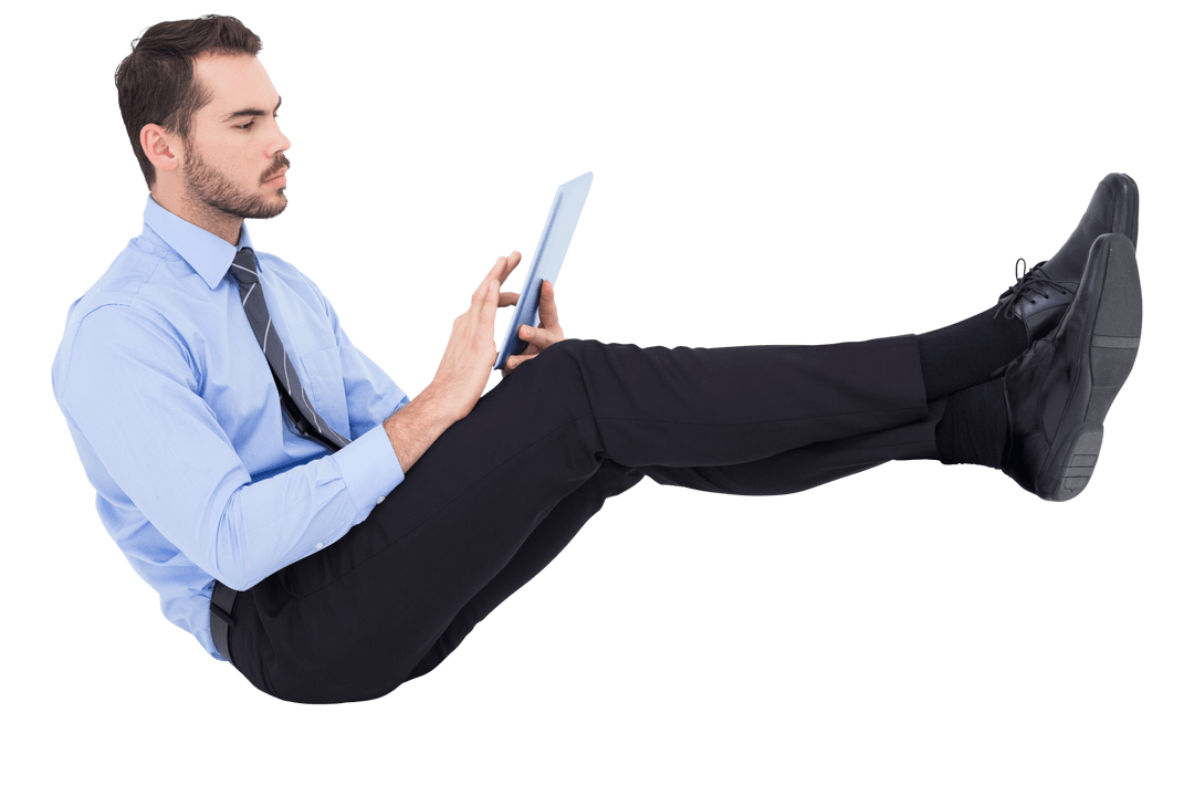 Caucasian Businessman Engaging with Tablet on Transparent Background