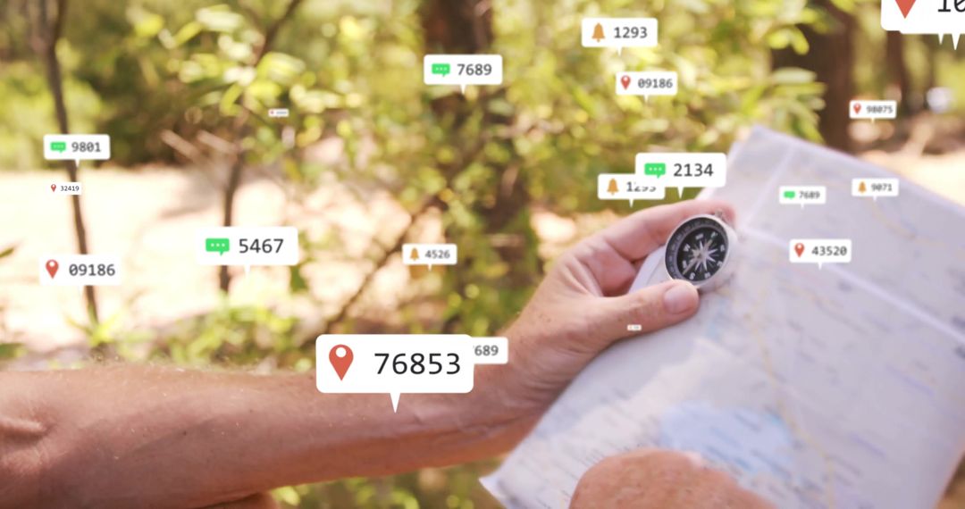 Hiker Holding Map and Compass with Digital Navigation Icons