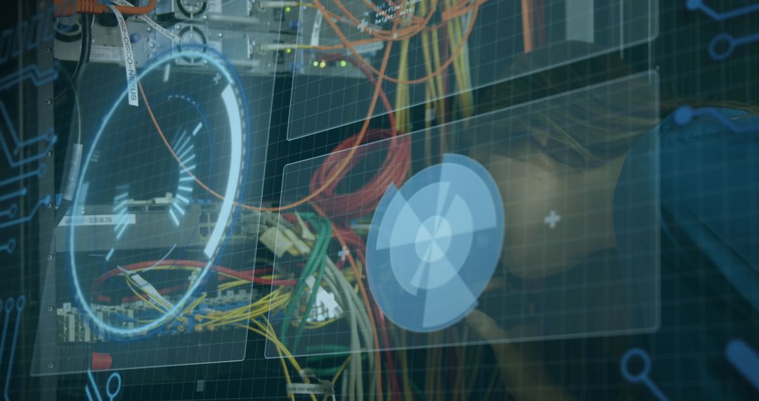 IT Professional Analyzing Computer Server with Digital Overlay