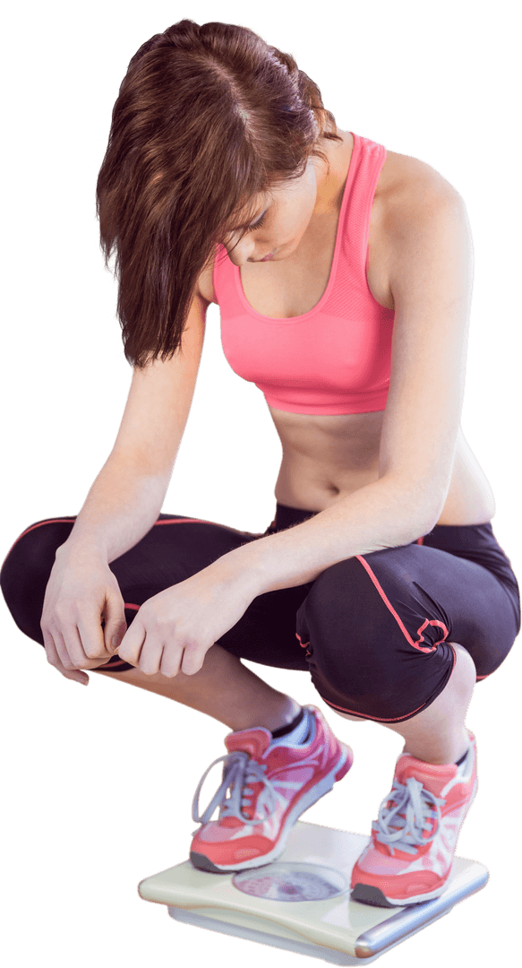Transparent Woman Checking Weight While Balancing on Scale