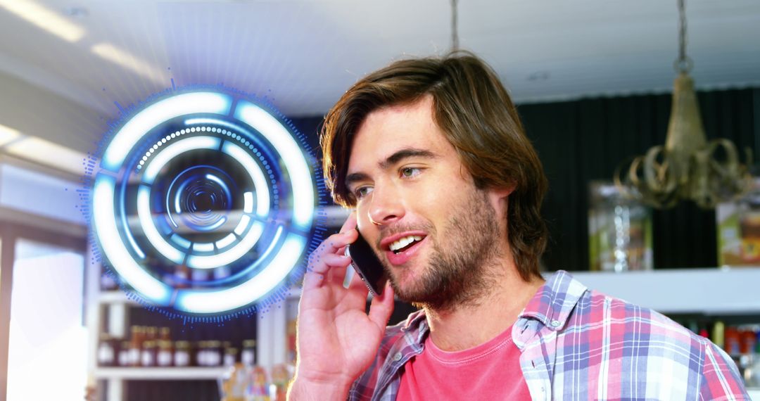 Man Using Smartphone with Futuristic Digital Interface Overlay