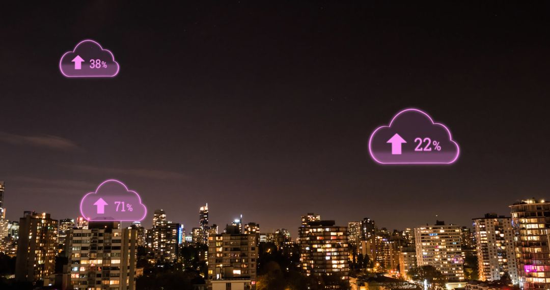 Image of pink clouds with arrows and percent growing over cityscape background - Free Images, Stock Photos and Pictures on Pikwizard.com