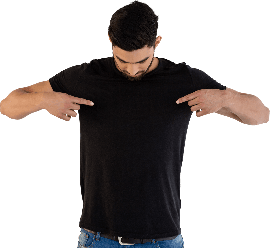 Man Pointing at Black T-Shirt on Transparent Background