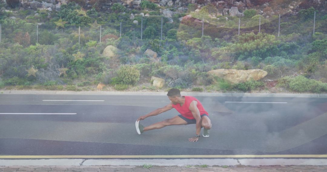 Athlete Performing Side Lunge on Paved Road in Scenic Area