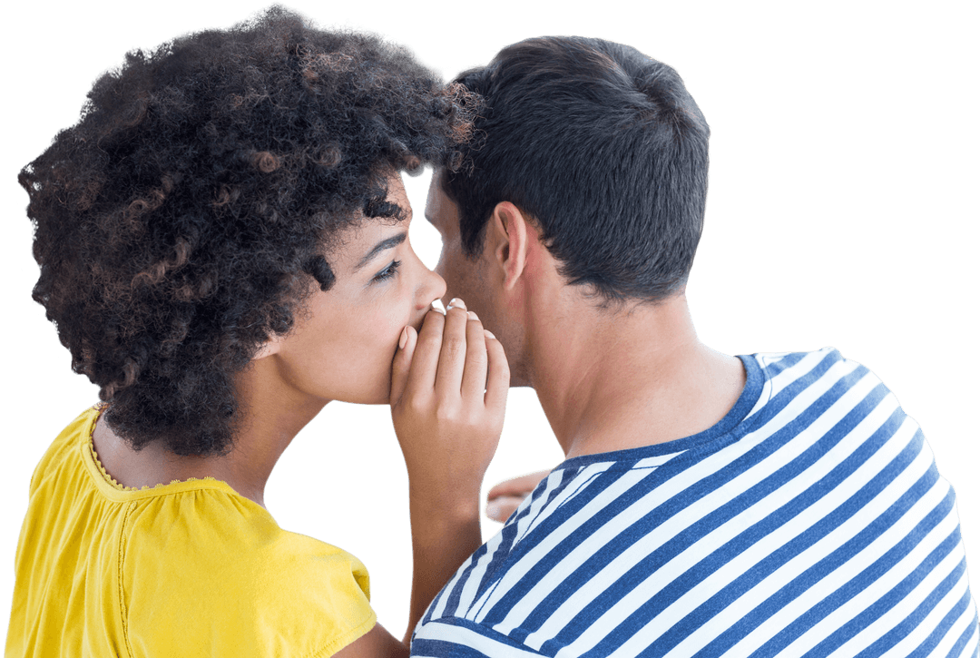 Diverse Couple Whispering Secrets Transparent Background