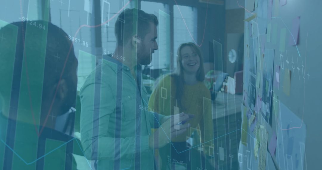 Team Discussing Financial Analysis with Technology Overlay