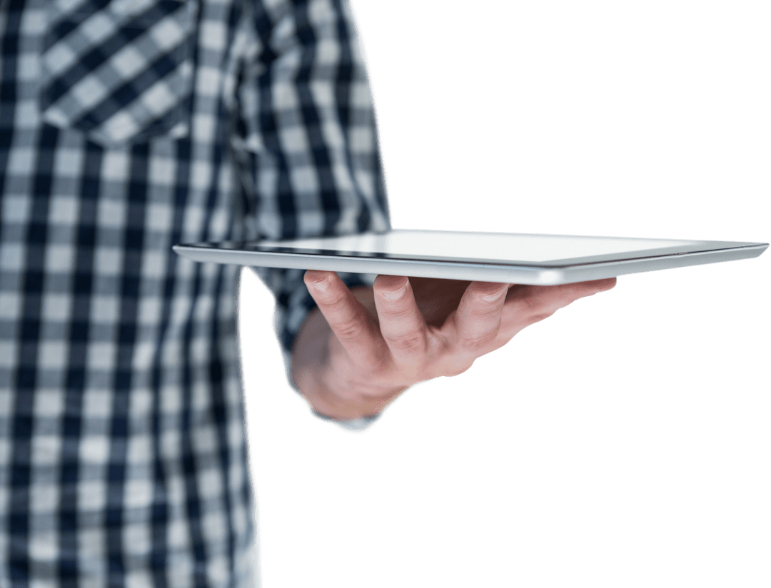 Man in Plaid Shirt Holding Tablet With Transparent Background