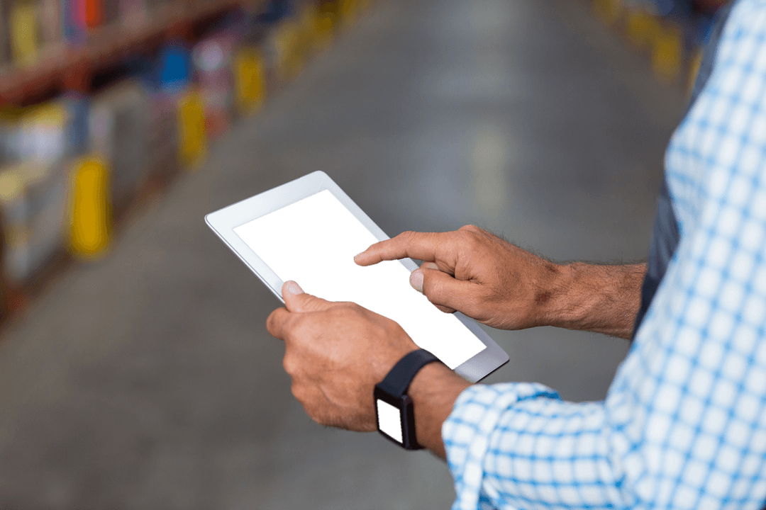 Transparent Background Businessman Using Tablet in Warehouse