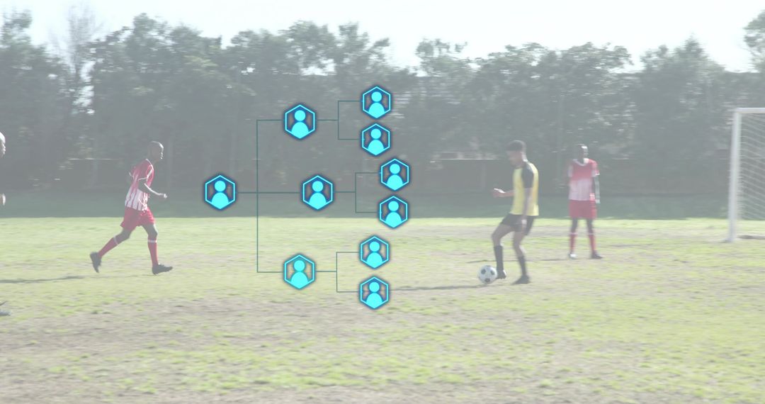 Dribbling Young Soccer Player Wearing Yellow Bib with Tournament Bracket Overlay on Field
