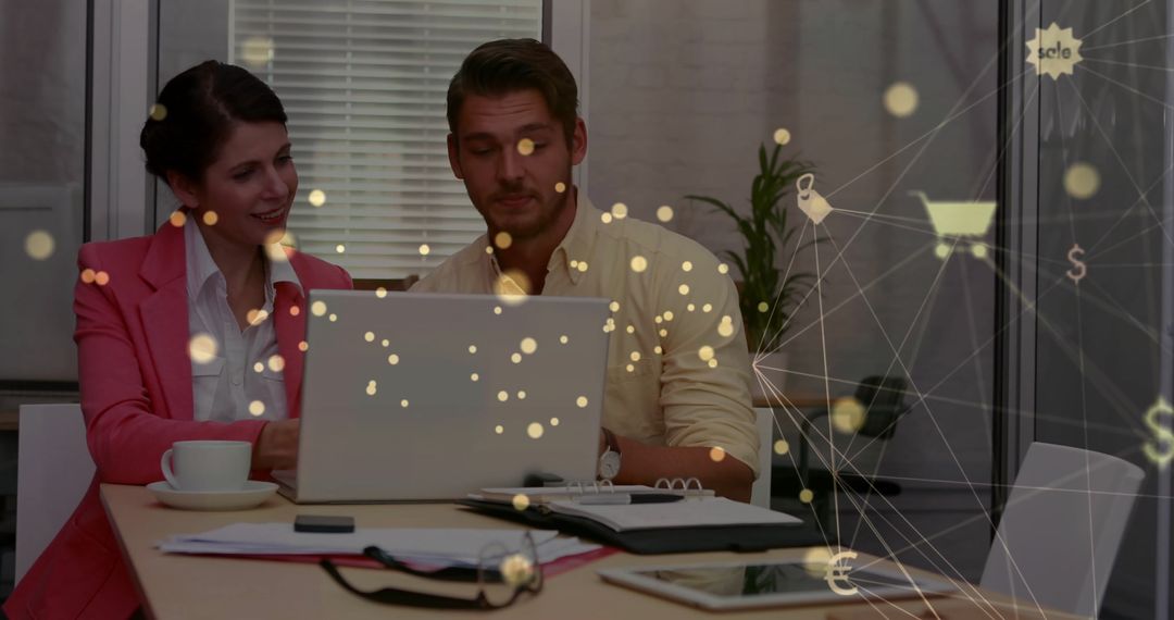 Business Team Analyzing Digital Growth with Virtual Network Overlay