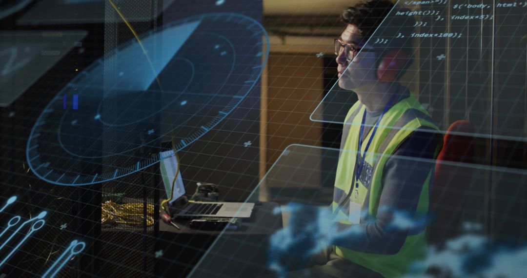 Korean Engineer Analyzing High-Tech Radar Interfaces in Control Room