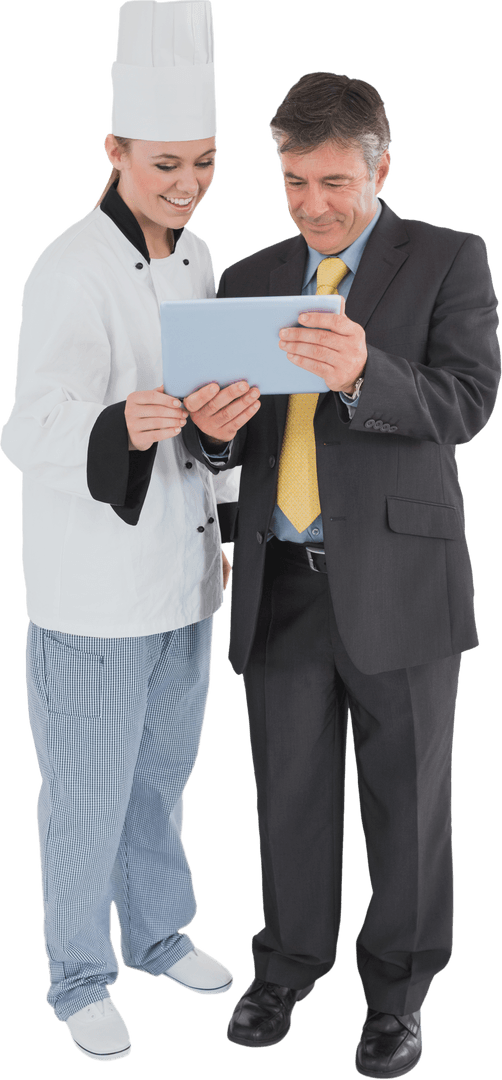 Transparent Chef Presenting Tablet to Businessman