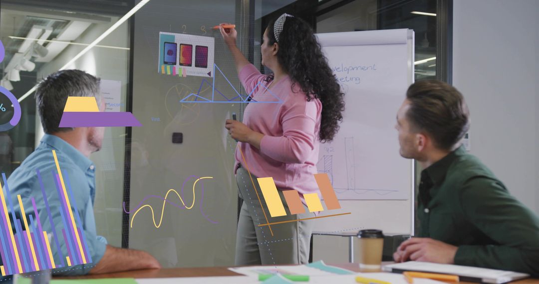Woman Presenting Data Using Marker and Flipchart in Modern Meeting Room