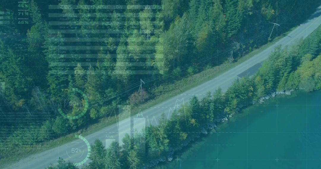 Aerial Drone View: Two-Lane Road Through Forest by Turquoise Lake