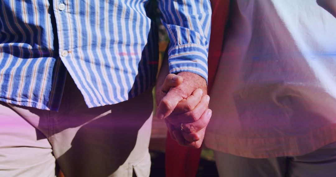 Senior Couple Holding Hands in Sunny Park, Symbol of Lifelong Companionship