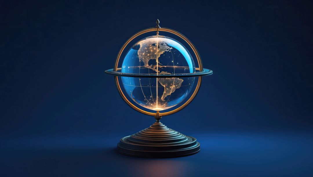 Illuminated decorative globe on metallic stand for astrologist-inspired interiors