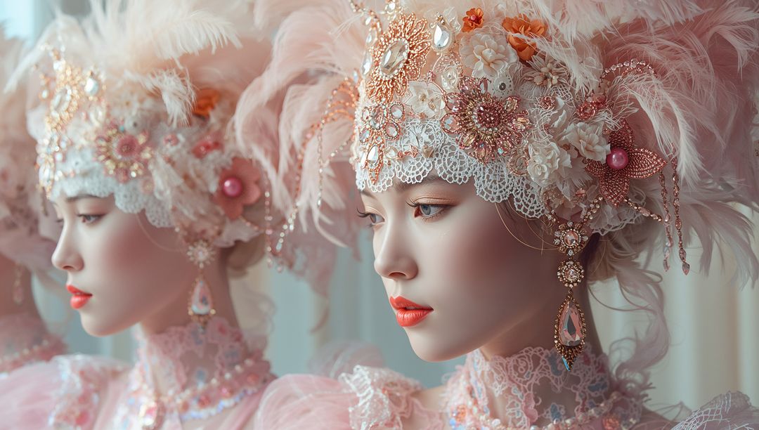 Elegant Model in Pink Lace and Ornate Feathered Headpiece