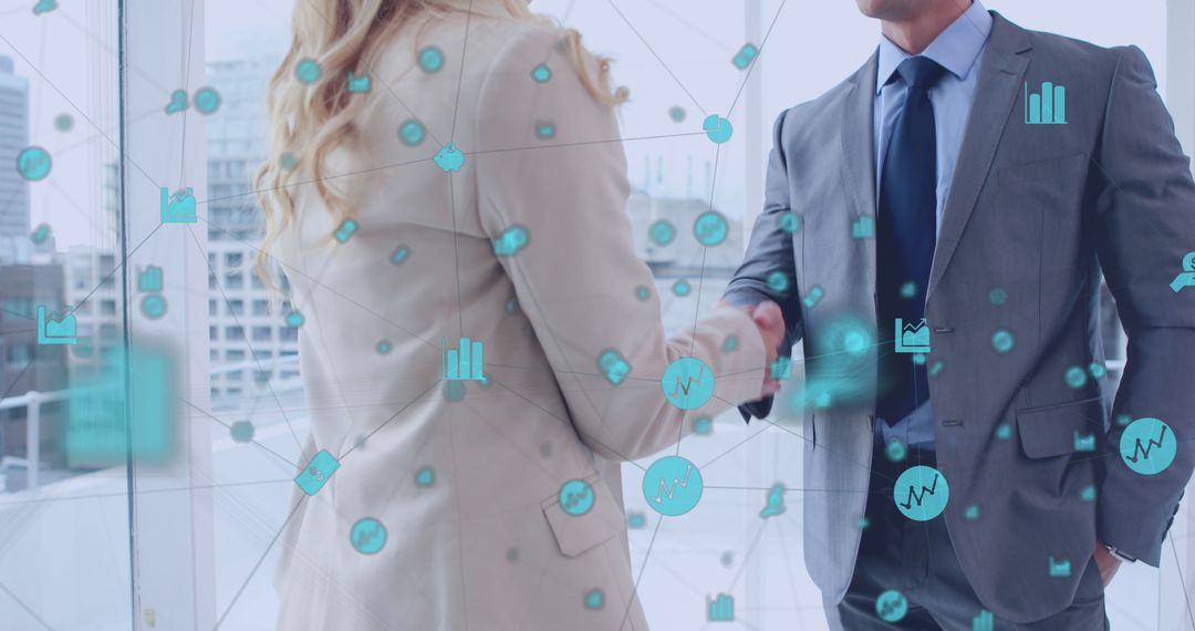 Business Partners Handshaking with Digital Network Overlay