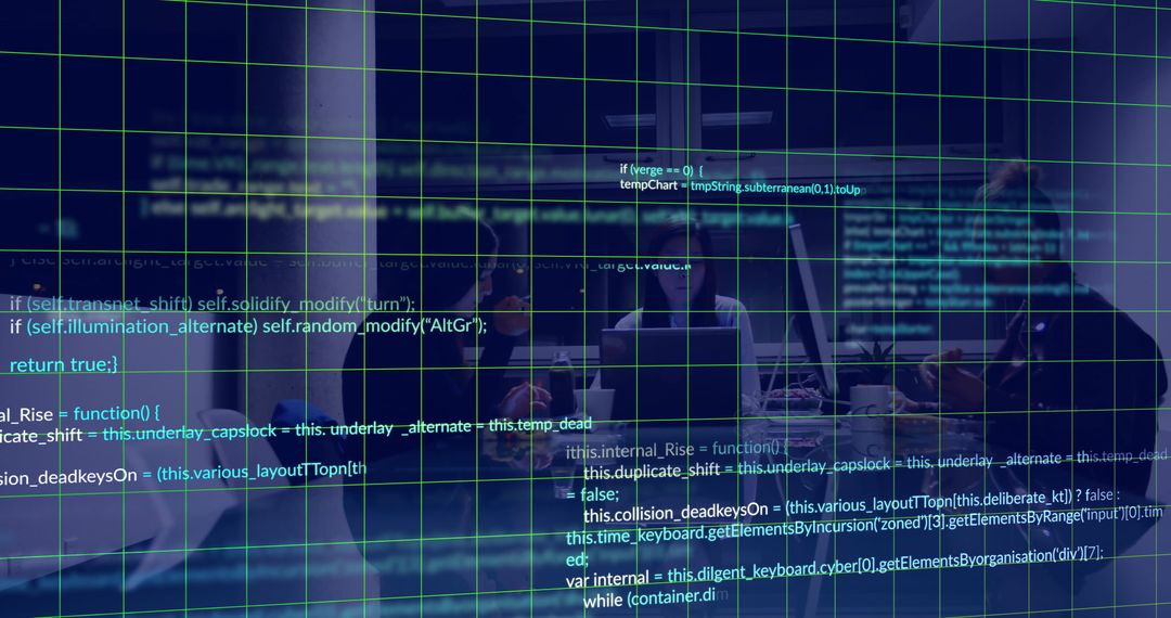 Diverse Team Collaborating with Digital Data Overlay in Office Setting