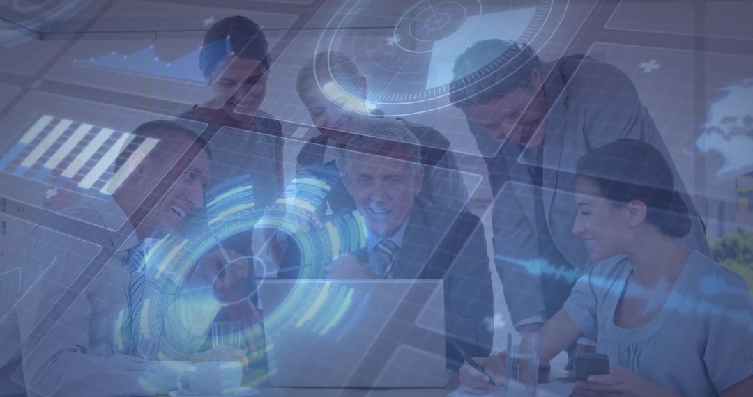 Excited Business Team Analyzing Digital Data with Laptop