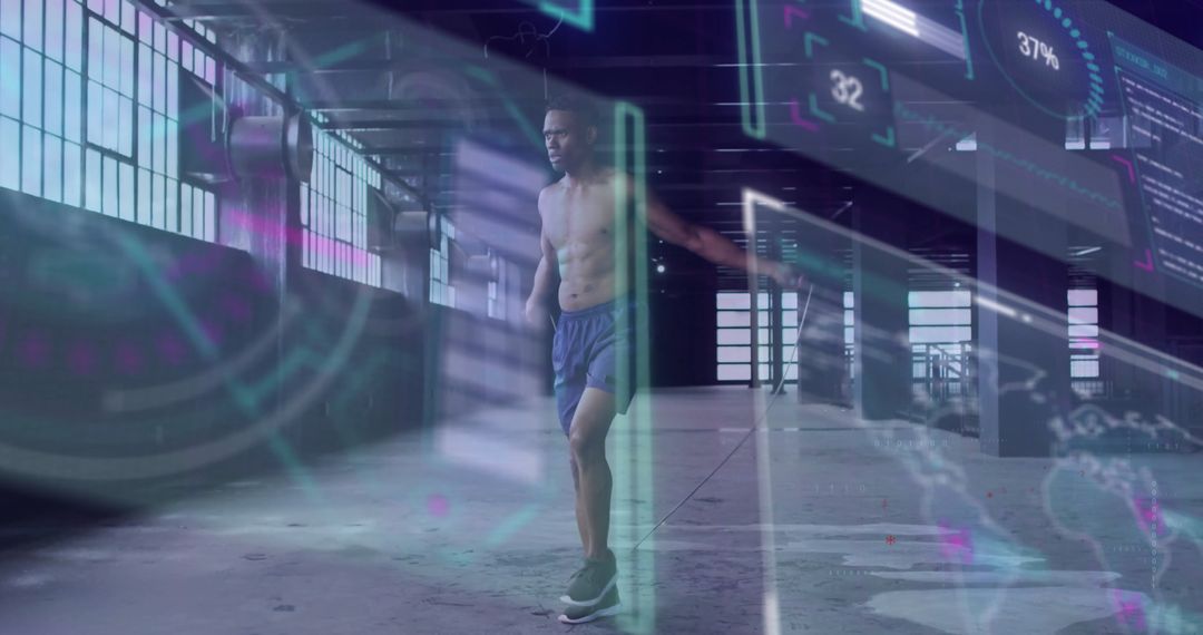 Athlete Analyzing Performance Metrics in Warehouse with Holographic Interface
