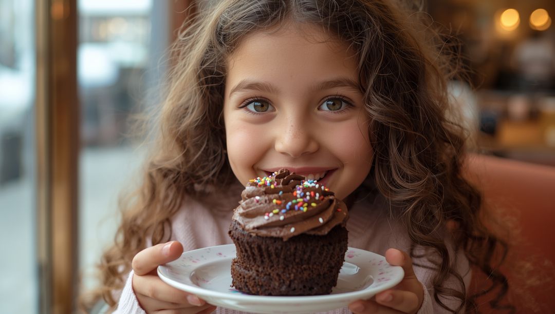 Smiling Child Enjoying Chocolate Cupcake in Cafe