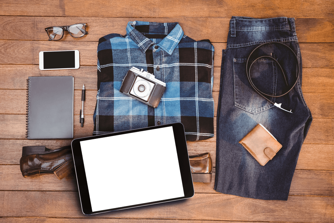 Transparent Hipster Essentials Display on Wooden Background