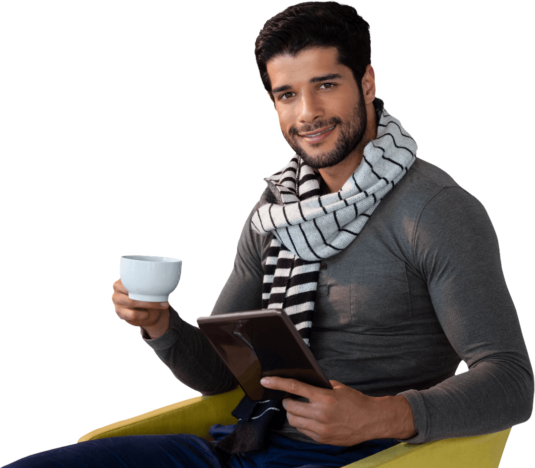 Man Reading Tablet Holding Tea Relaxed Indoors Transparent Background