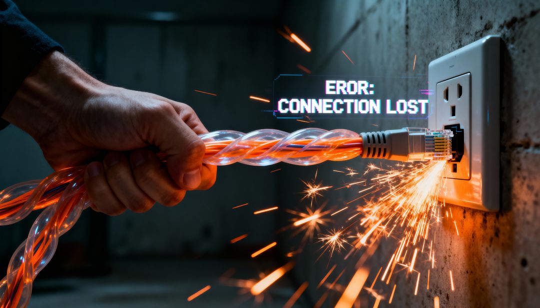Hand Pushing Sparking RJ45 Ethernet Plug Into Outlet With ERROR: CONNECTION LOST
