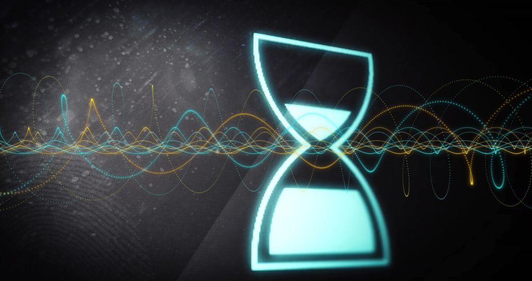 Digital Hourglass Icon with Abstract Spiral Wave Patterns