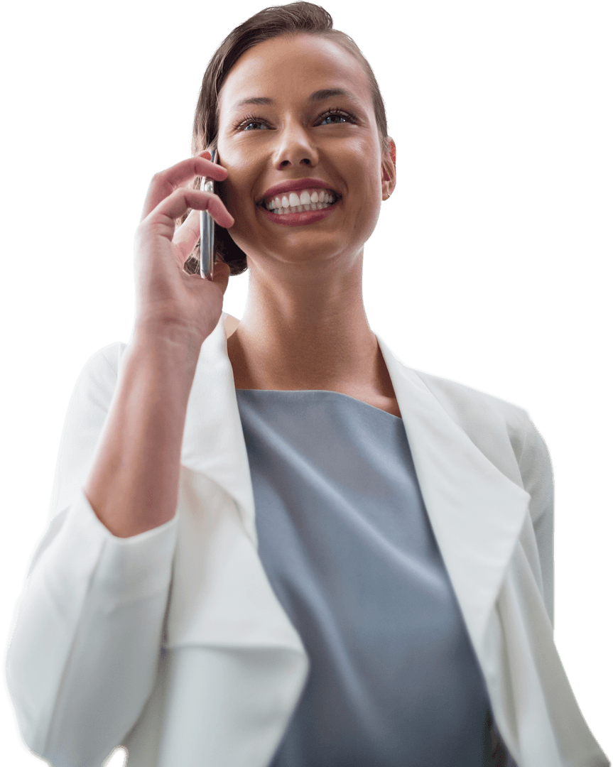 Cheerful Businesswoman Talking on Mobile Phone Isolated on Transparent Background