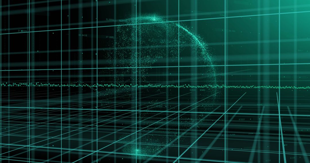 Glowing 3D Grid with Globe and Data Graph on Black Background