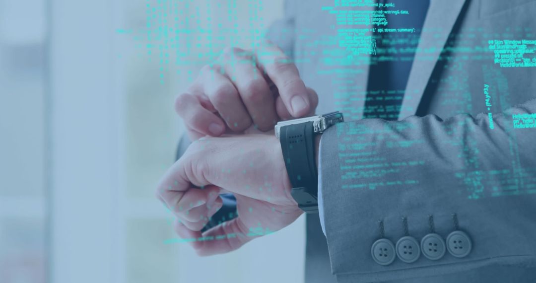 Businessman Accessing Smartwatch with Data Overlay