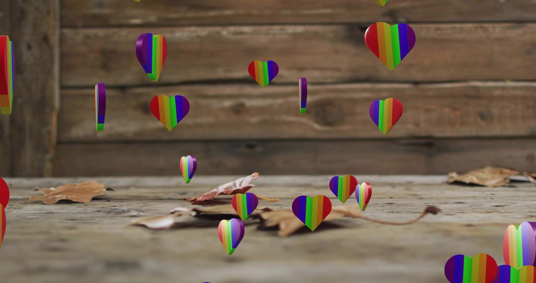 Hovering rainbow hearts drifting above rustic wood plank table with dried leaves