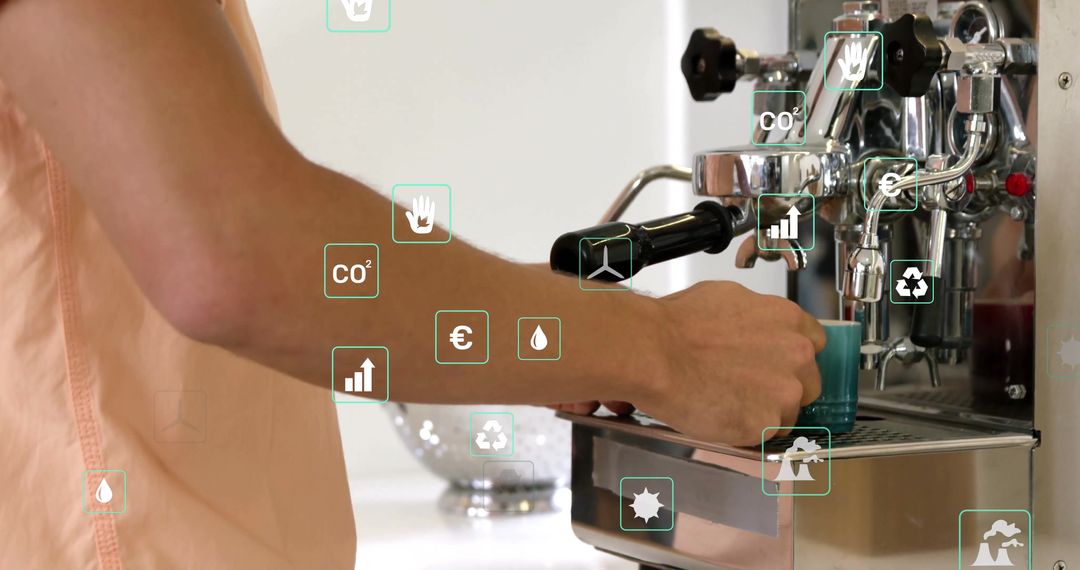 Barista Using Espresso Machine with Digital Metrics Icons
