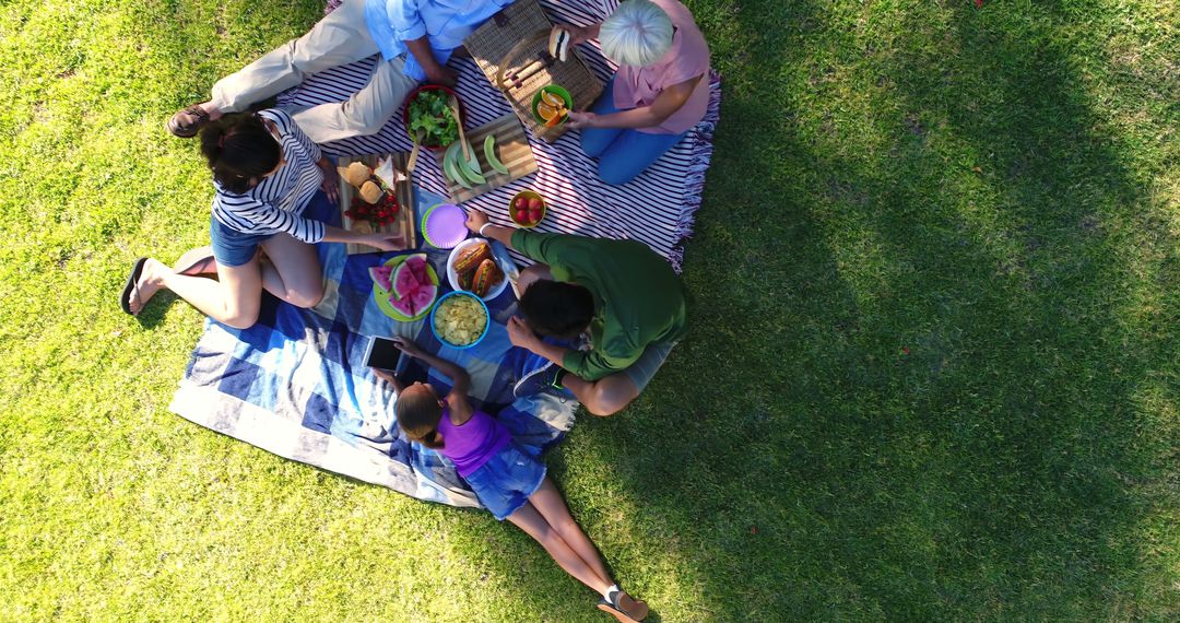 Top View of Family Enjoying a Picnic on Green Grass - Free Images, Stock Photos and Pictures on Pikwizard.com