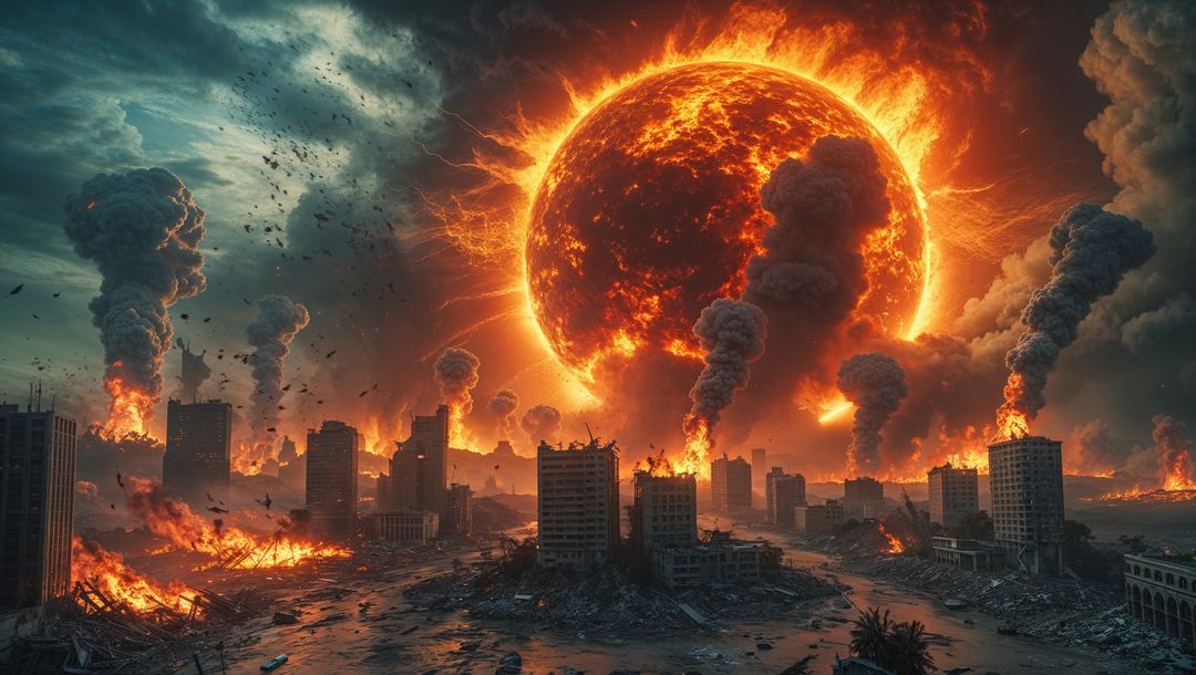 Apocalyptic Fiery Sphere Over Desolate Urban Ruins