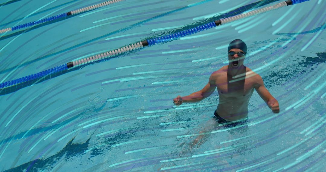 Male swimmer celebrating victory rising from pool, pumping fists and shouting after race