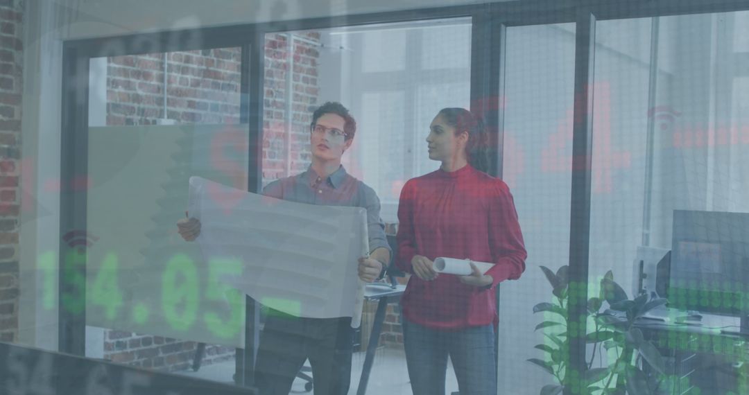 Business Colleagues Analyzing Market Trends With Data Overlay