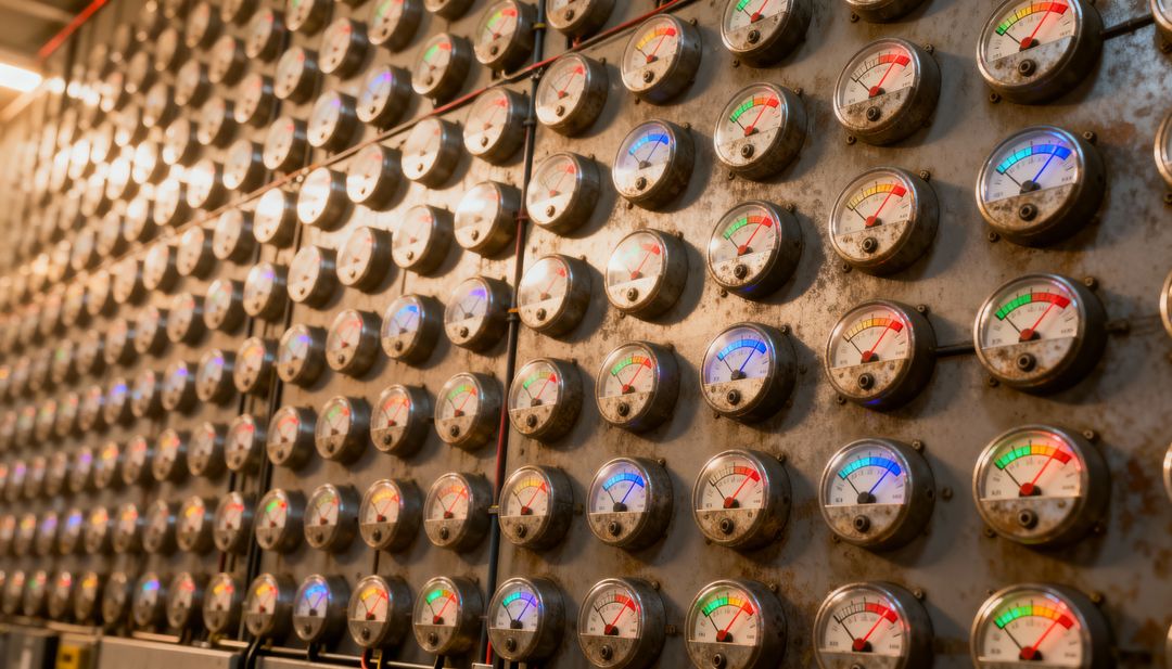 Displaying bank of analog meters with colorful indicator arcs on industrial control panel