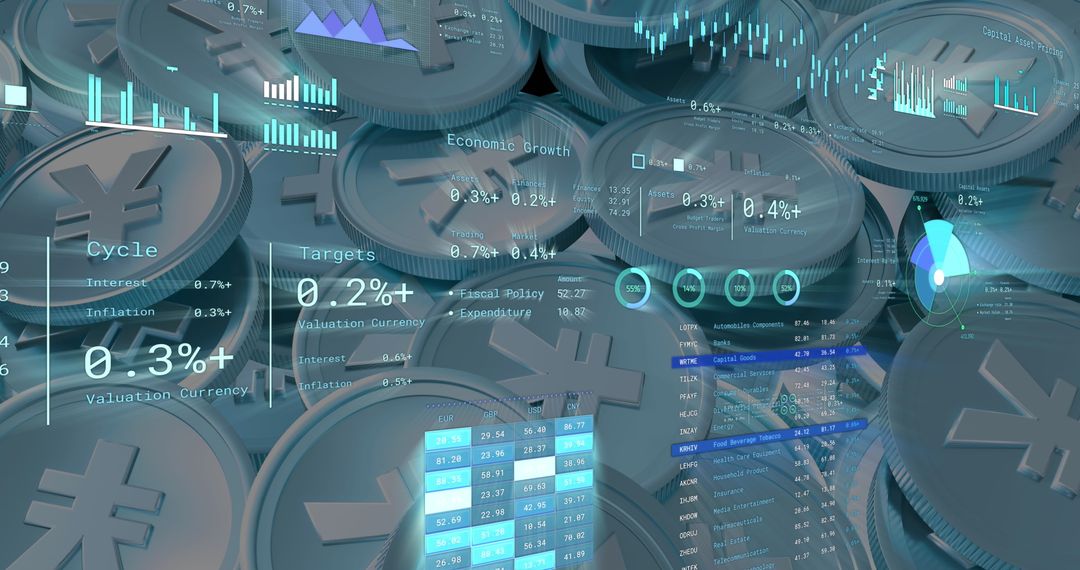 Digital Financial Data Overlay on Japanese Yen Coins