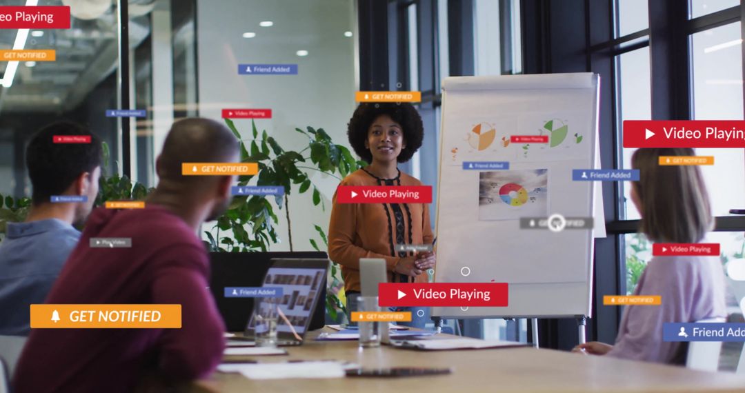 Diverse Team Discussing Business with Digital Media Icons Overlay