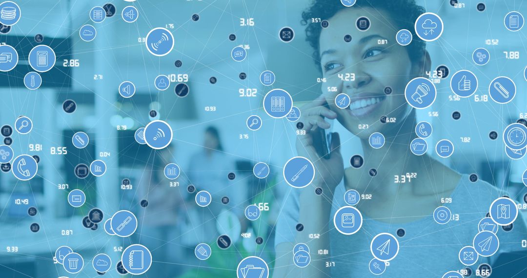 Digital Interface Overlay on Businesswoman Using Smartphone in Office