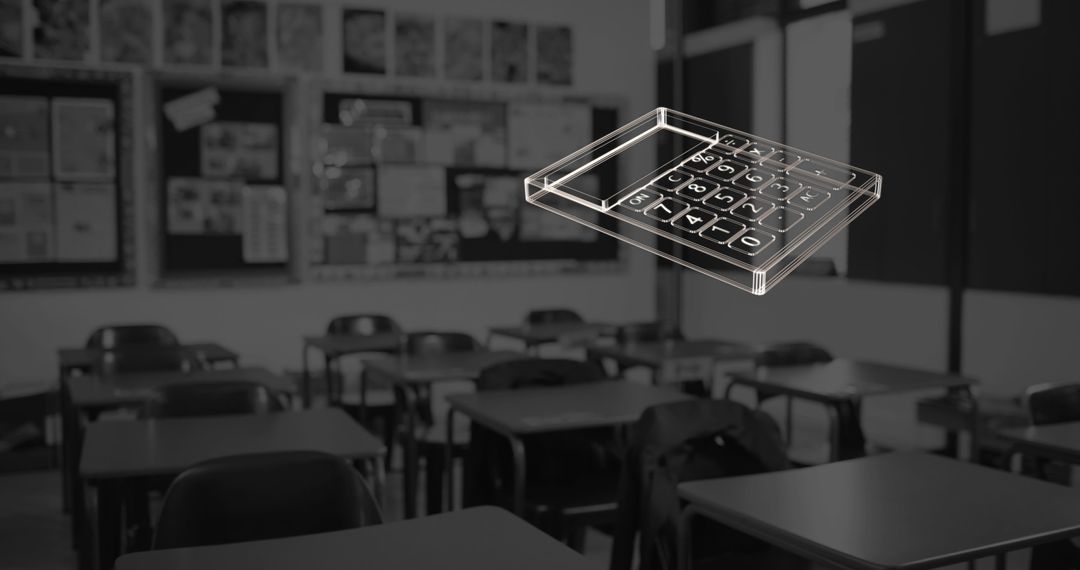 Digital Calculator Icon Hovering in Empty Classroom Environment