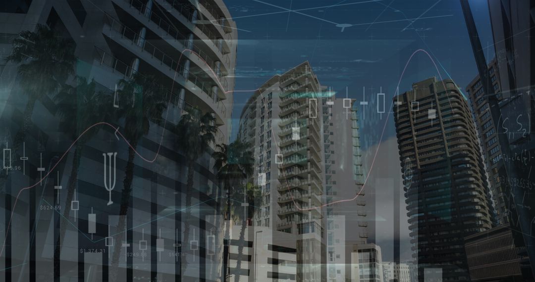 Futuristic Cityscape Infused with Data and Technology Overlay