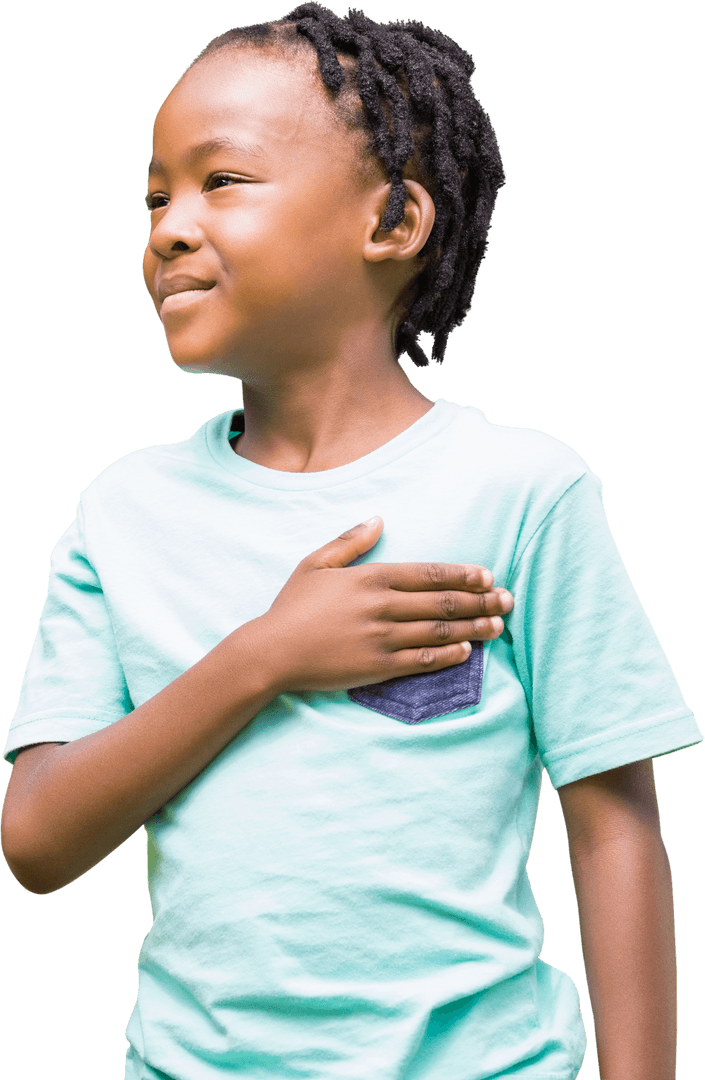 Smiling African American Boy with Hand on Heart Transparent Background