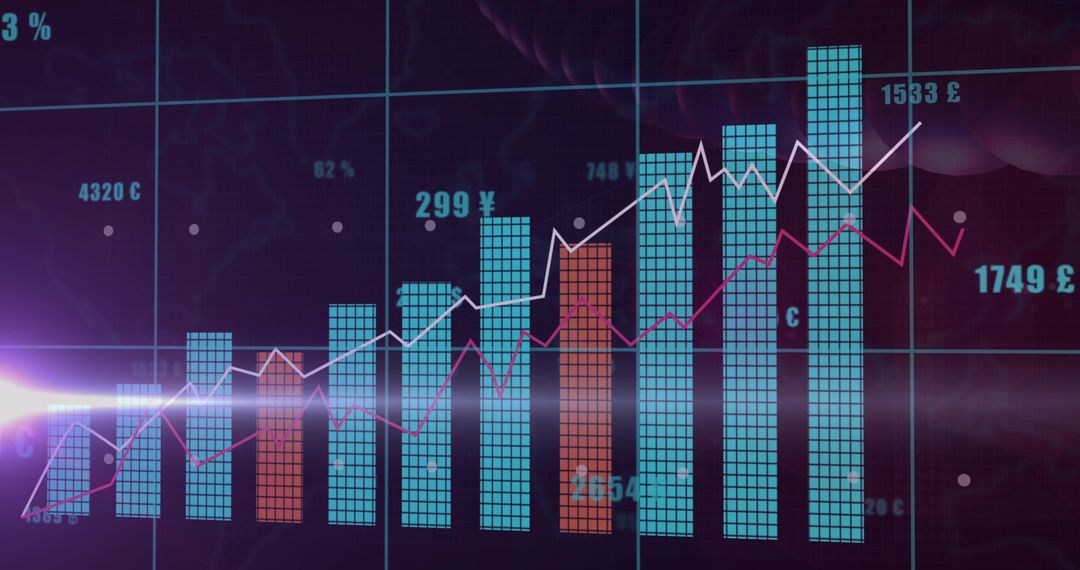 Neon Financial Dashboard with Bar and Line Charts Showing Currency Trends and Growth