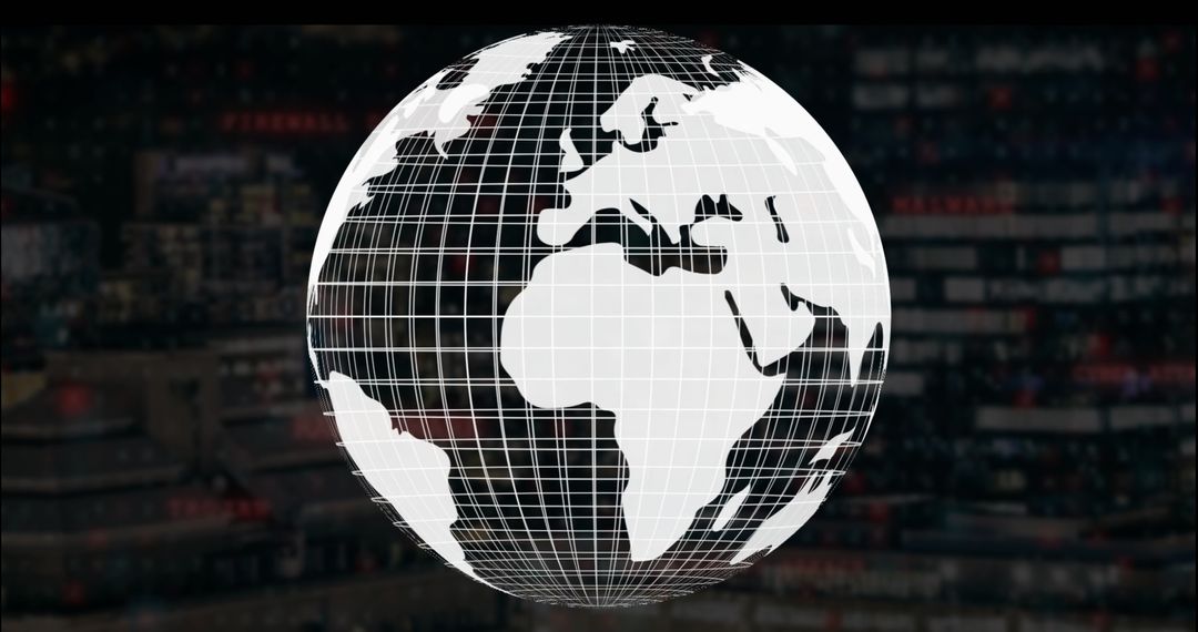 Digital Wireframe Globe Overlaying Blurred Trading Screens