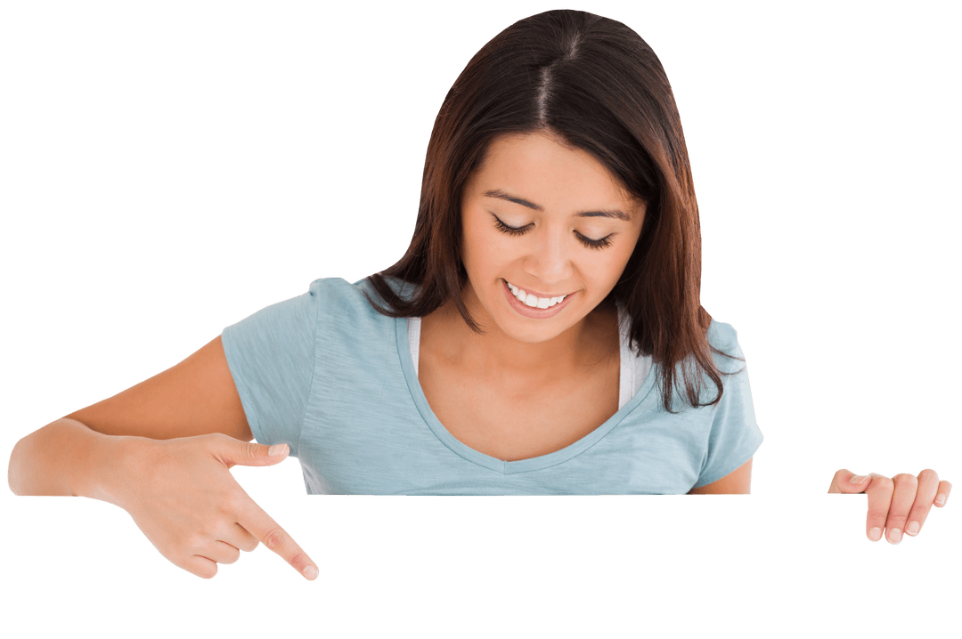 Smiling Woman Pointing Downward with Transparent Background